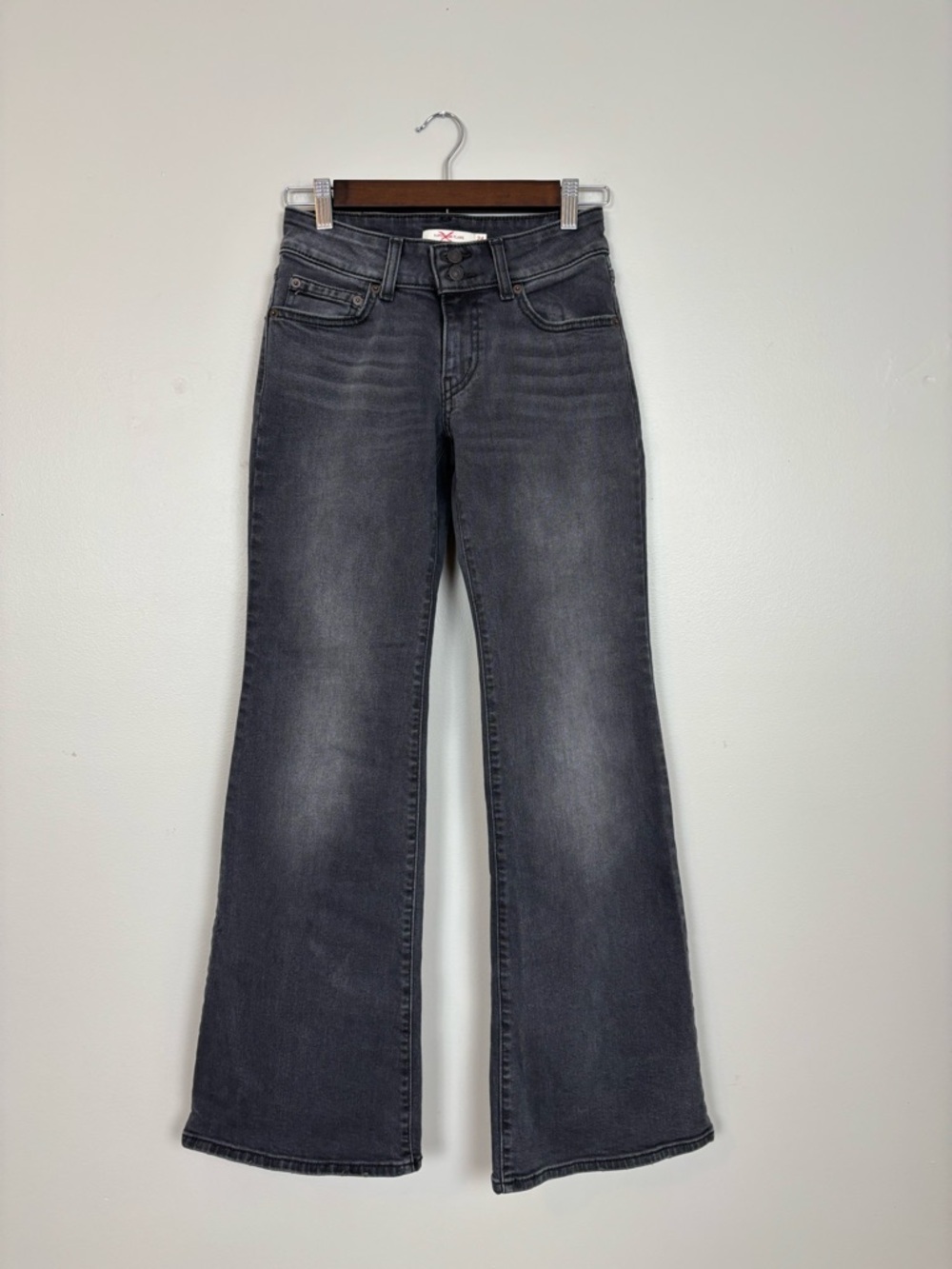Levis Jeans Womens 24 Washed Black Super Low Flare Stretch Denim Y2K Streetwear